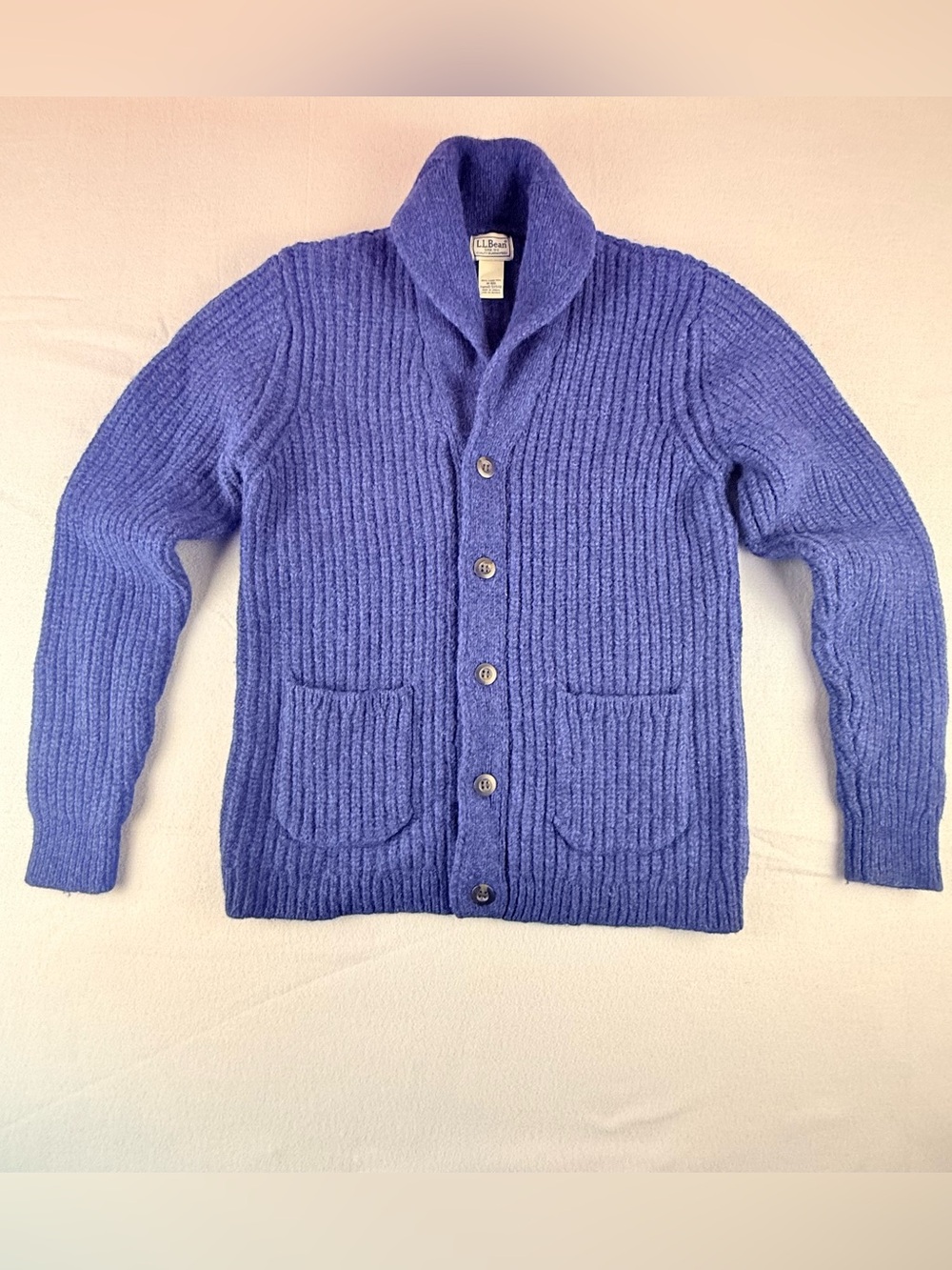 L.L.Bean Mens M Classic Ragg Wool Cardigan 100% Lambswool Navy Shawl Collar